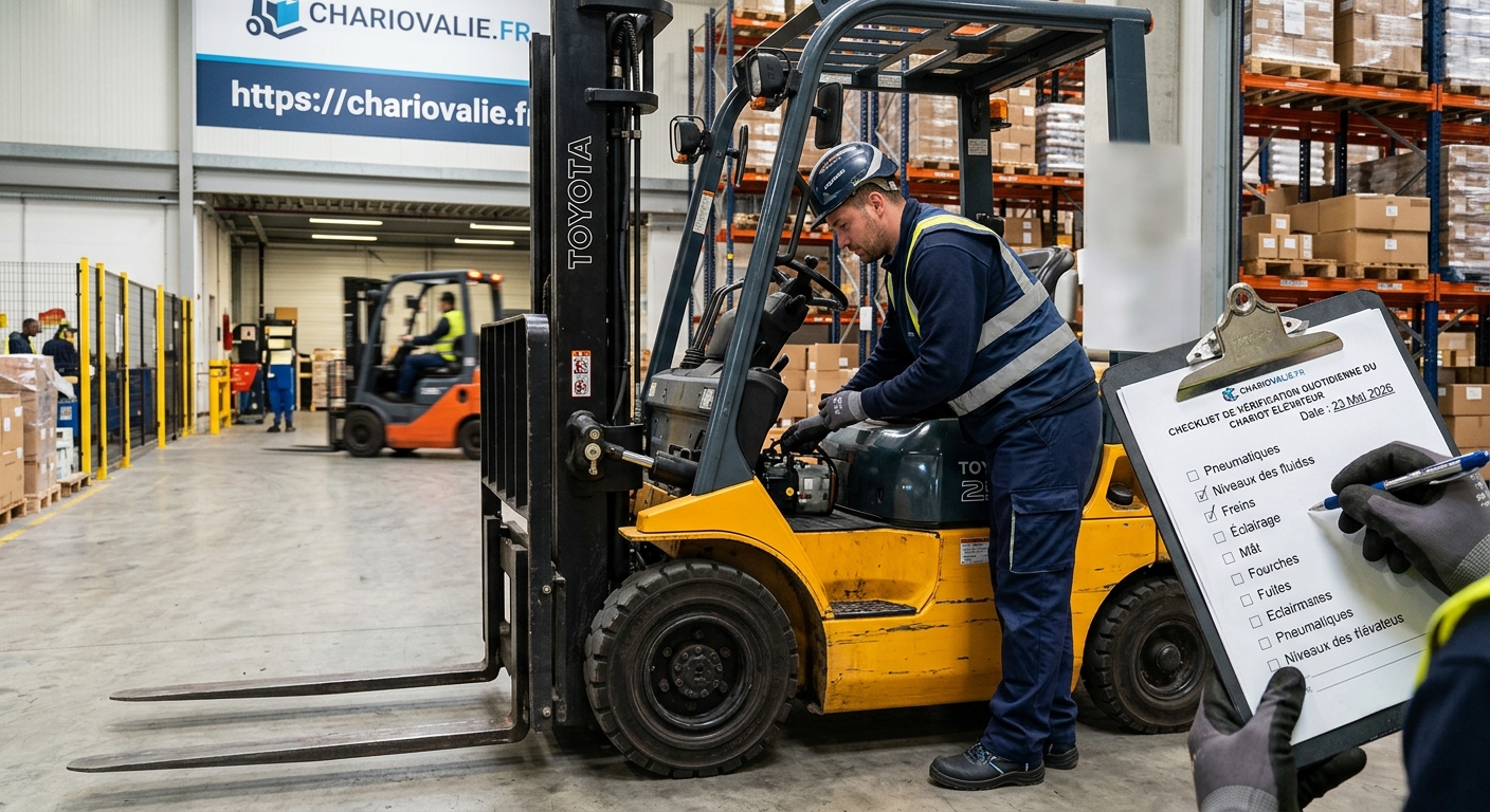 Opérateur réalisant la checklist de vérification quotidienne d'un chariot élévateur