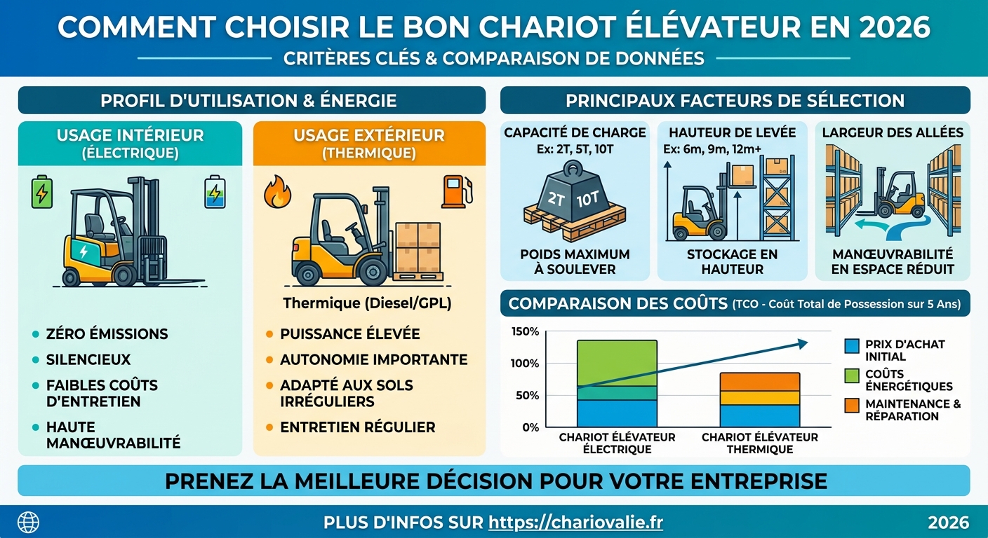 Comment choisir un chariot élévateur ? Guide complet 5 Comparaison des critères de sélection d'un chariot élévateur selon capacité et énergie