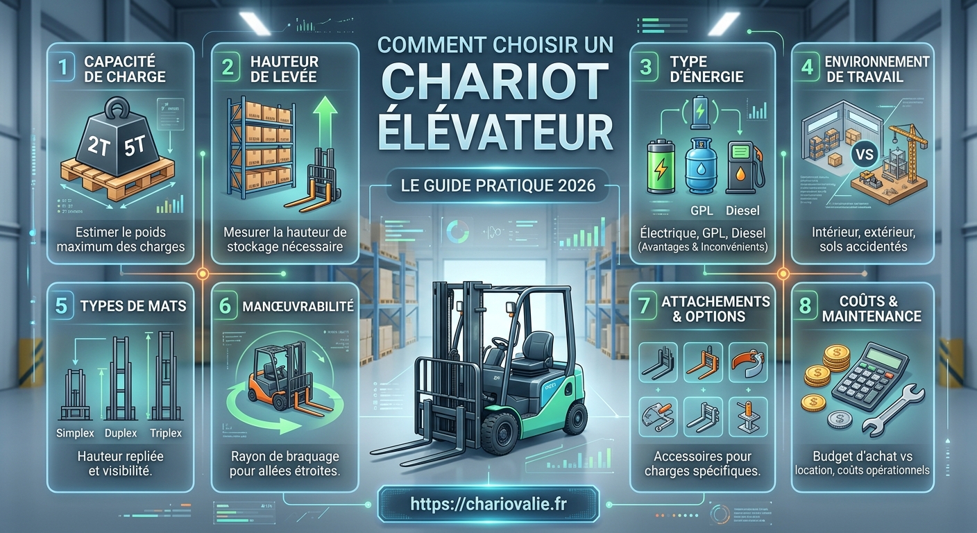 Comment choisir un chariot élévateur ? Guide complet 3 Infographie décisionnelle pour choisir un chariot élévateur en 5 étapes