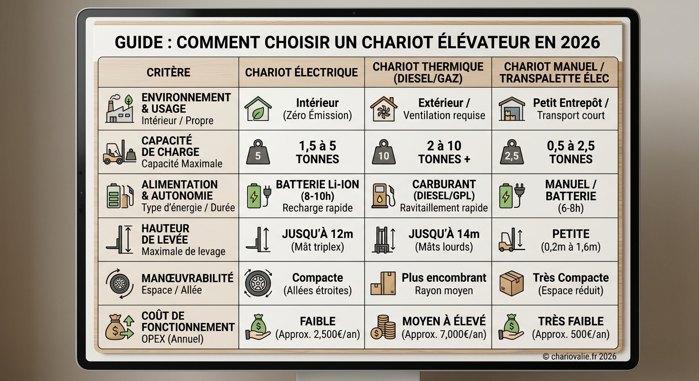 Comment choisir un chariot élévateur ? Guide complet 4 Tableau comparatif des chariots élévateurs par type d'énergie et environnement