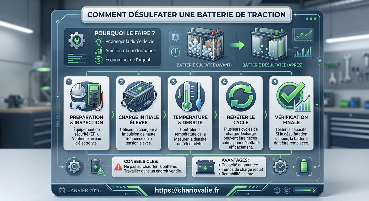 Comment désulfater une batterie de traction : le guide 5 Infographie des 5 étapes pour désulfater une batterie de traction