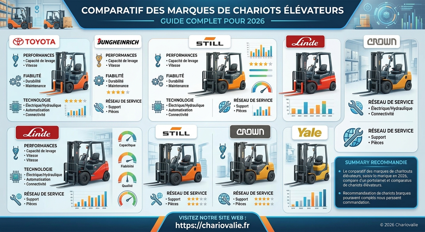 Comparatif des marques de chariots élévateurs : le guide 3 Infographie comparatif des marques de chariots élévateurs 2026 leaders mondiaux
