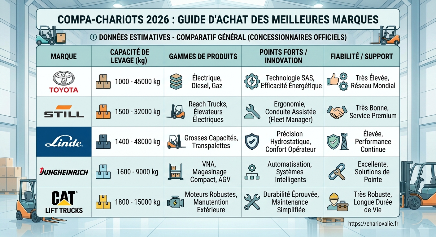 Comparatif des marques de chariots élévateurs : le guide 4 Tableau comparatif des marques de chariots élévateurs Toyota Linde Jungheinrich Hyster