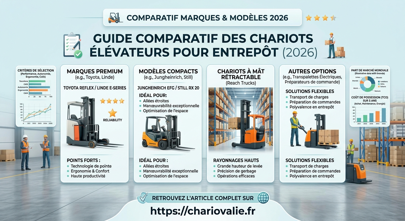 Infographie comparatif marques et modèles de chariots élévateurs pour entrepôt logistique 2026