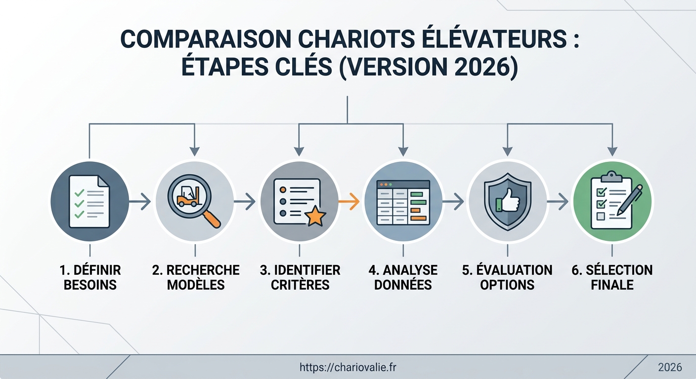 Schéma processus : sélection d'un chariot élévateur pour entrepôt en 5 étapes