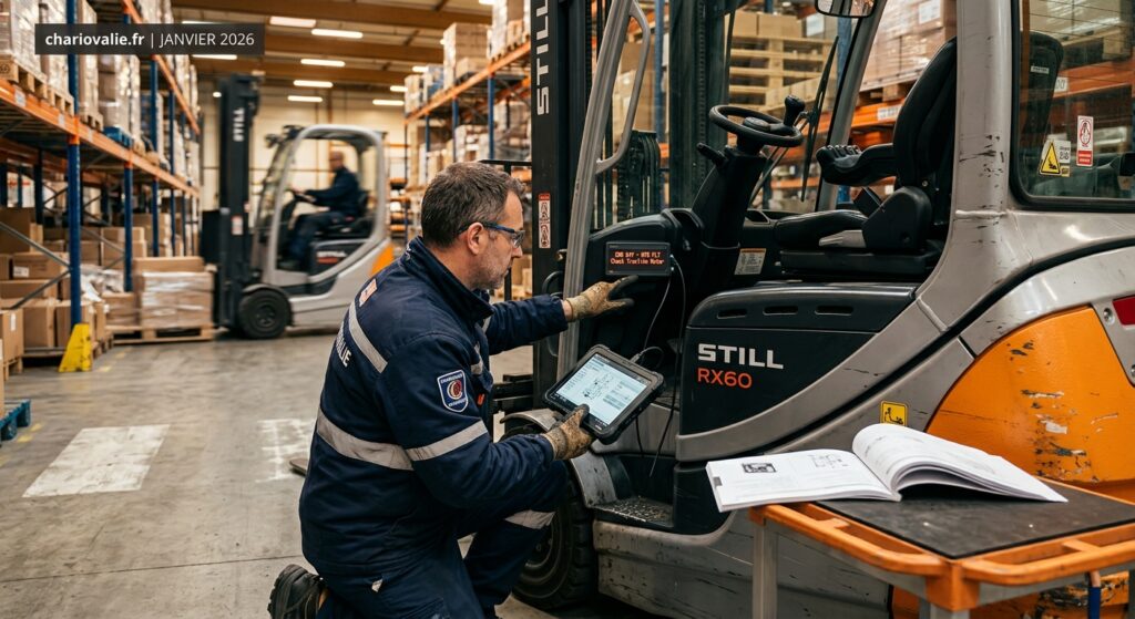 Comprendre les codes erreur d'un chariot élévateur : guide 9 Technicien consultant une liste de codes erreur sur l'écran d'un chariot élévateur