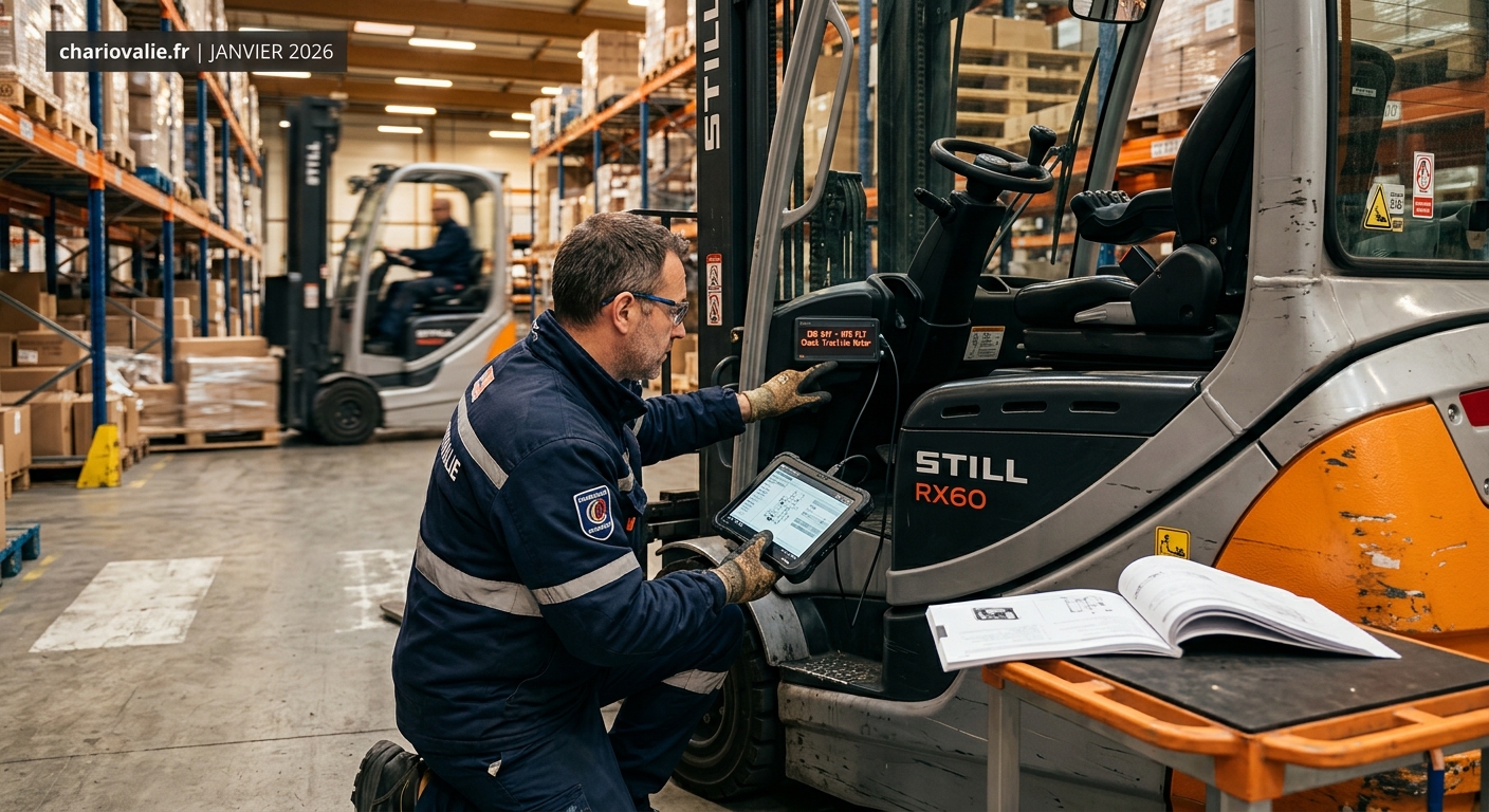 Comprendre les codes erreur d'un chariot élévateur : guide 2 Technicien consultant les codes erreur d'un chariot élévateur sur écran