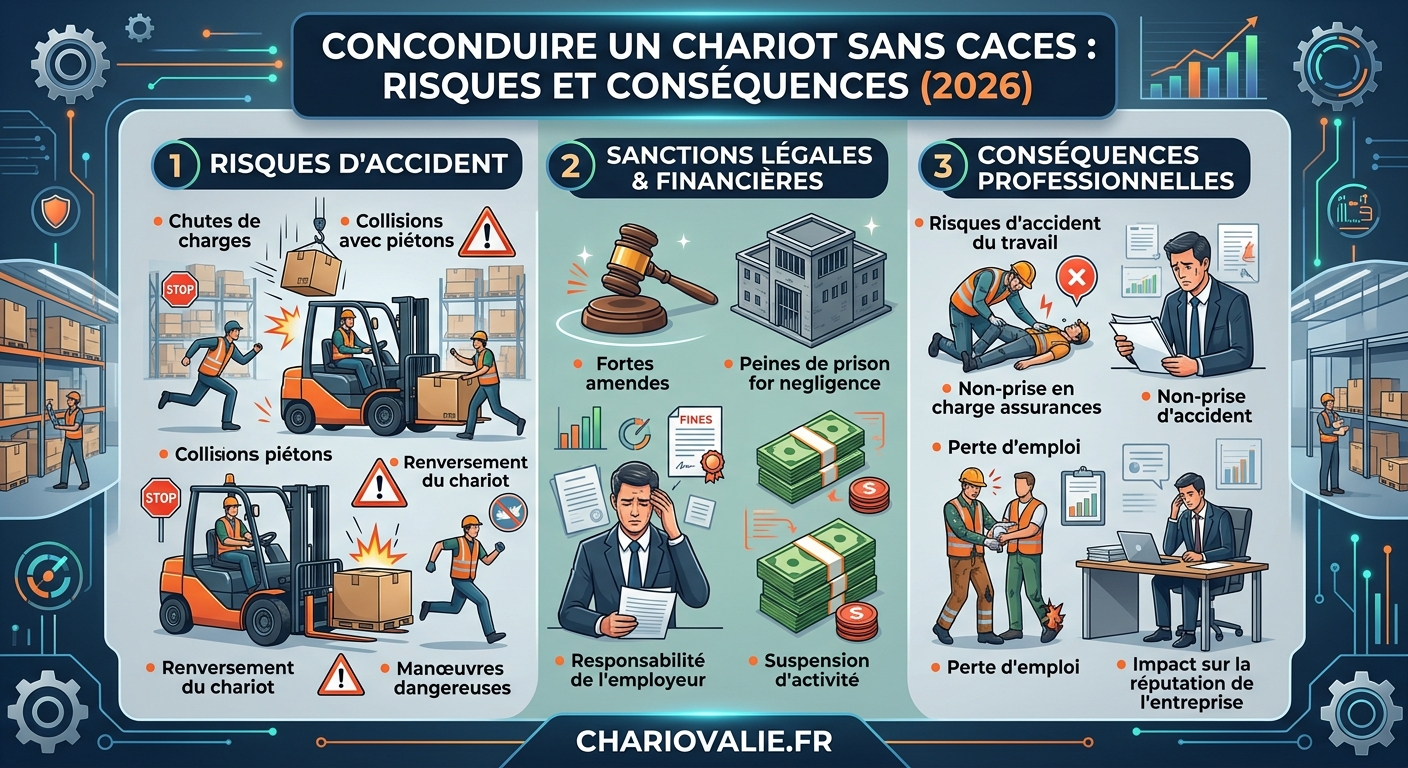 Schéma des risques juridiques et sanctions liés à la conduite d'un chariot sans CACES