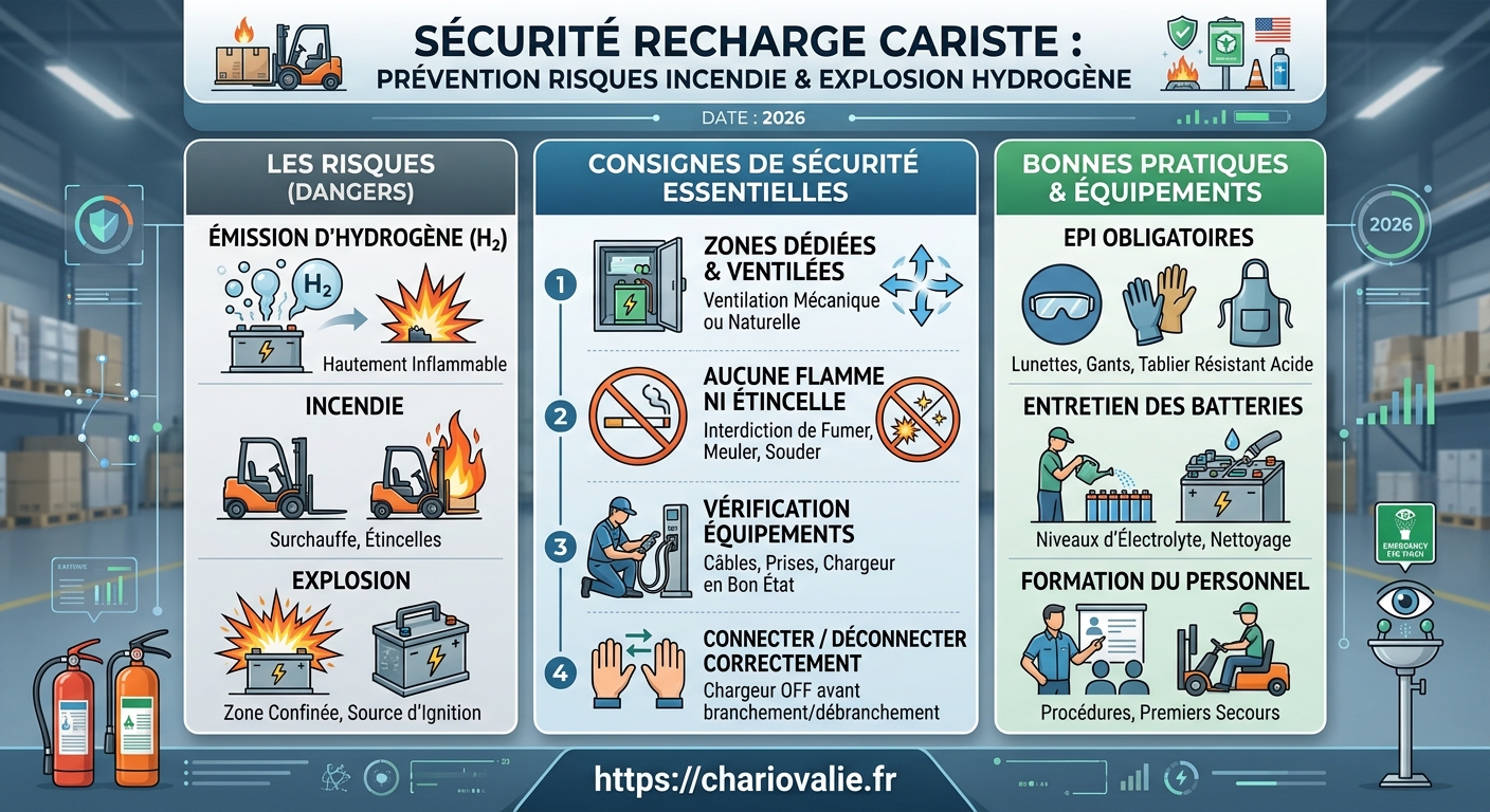 Infographie consignes sécurité recharge cariste : ventilation et risques incendie explosion