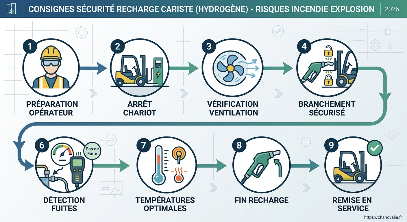 Schéma de processus des consignes sécurité recharge cariste risques hydrogène