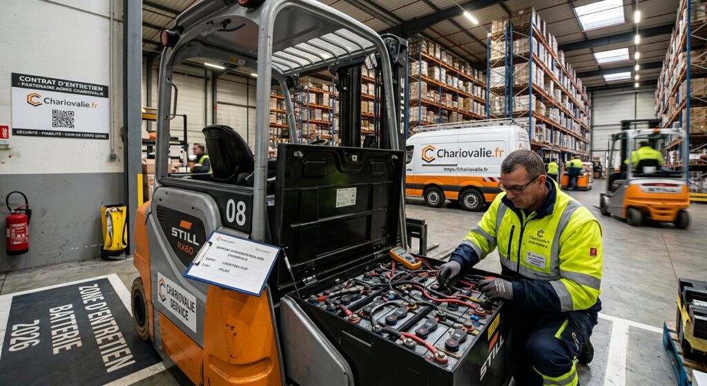 Technicien effectuant la maintenance préventive d'une batterie de chariot élévateur industriel
