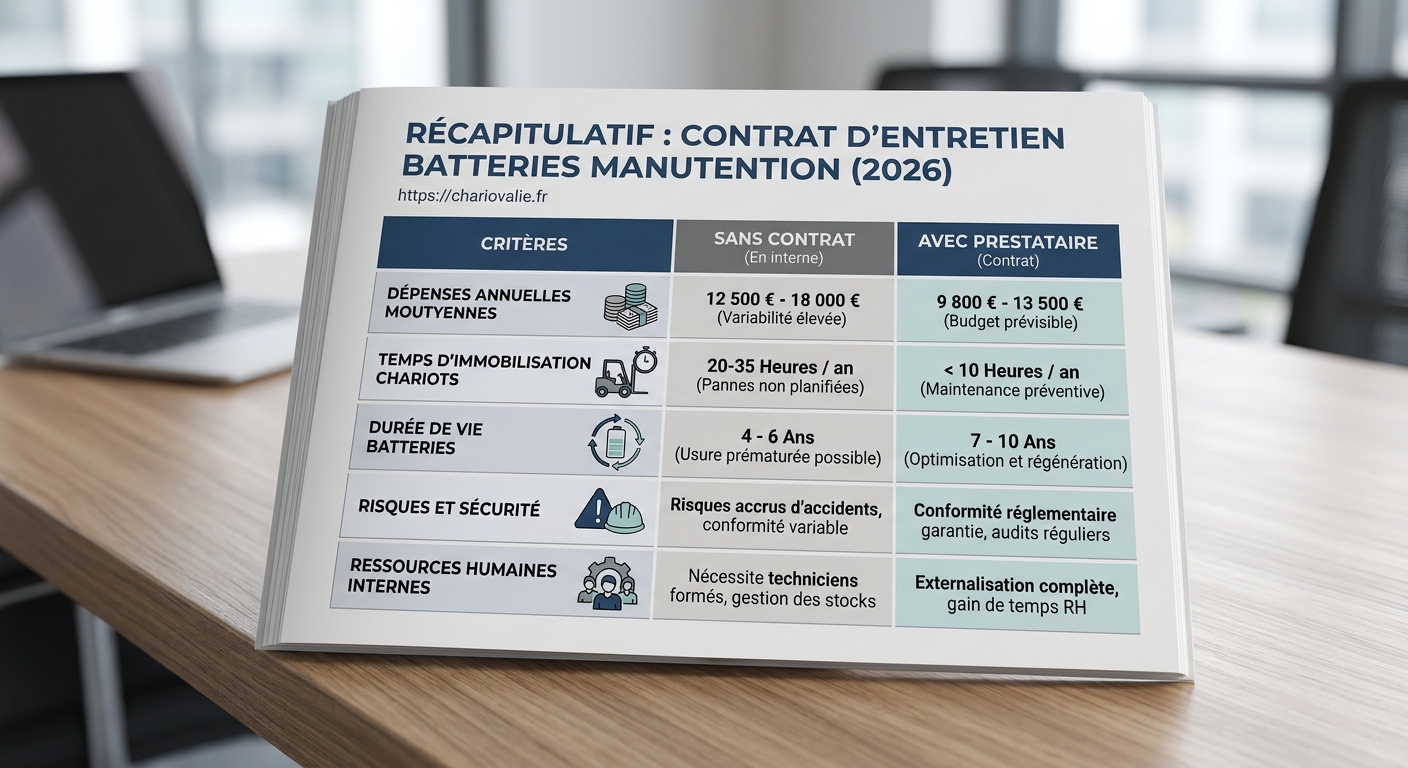 Contrat entretien batterie manutention : coûts et avantages 5 Tableau comparatif contrats entretien batterie manutention préventif et curatif