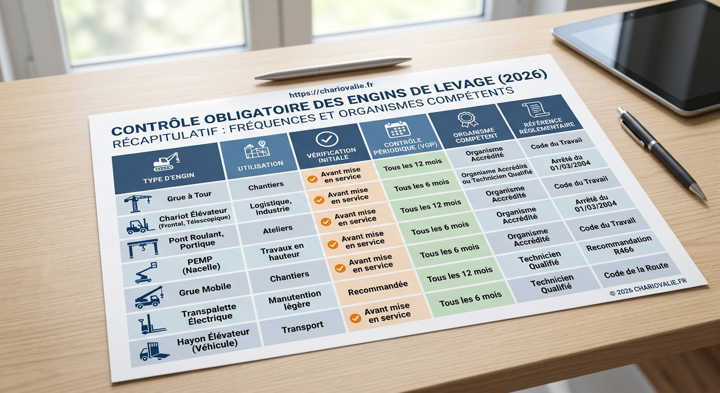 Tableau de synthèse des périodicités du contrôle obligatoire engin de levage et organismes compétents