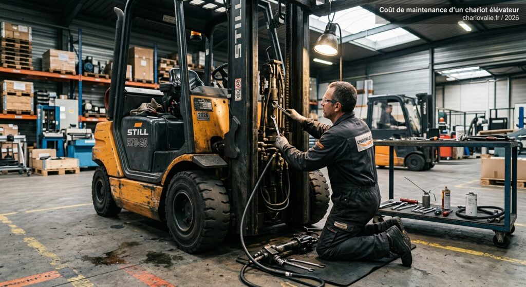 Technicien effectuant la maintenance préventive d'un chariot élévateur en entrepôt