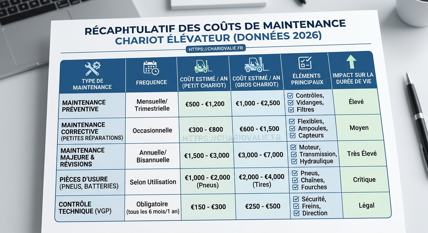 Tableau comparatif coût annuel de maintenance chariot élévateur par motorisation 2026