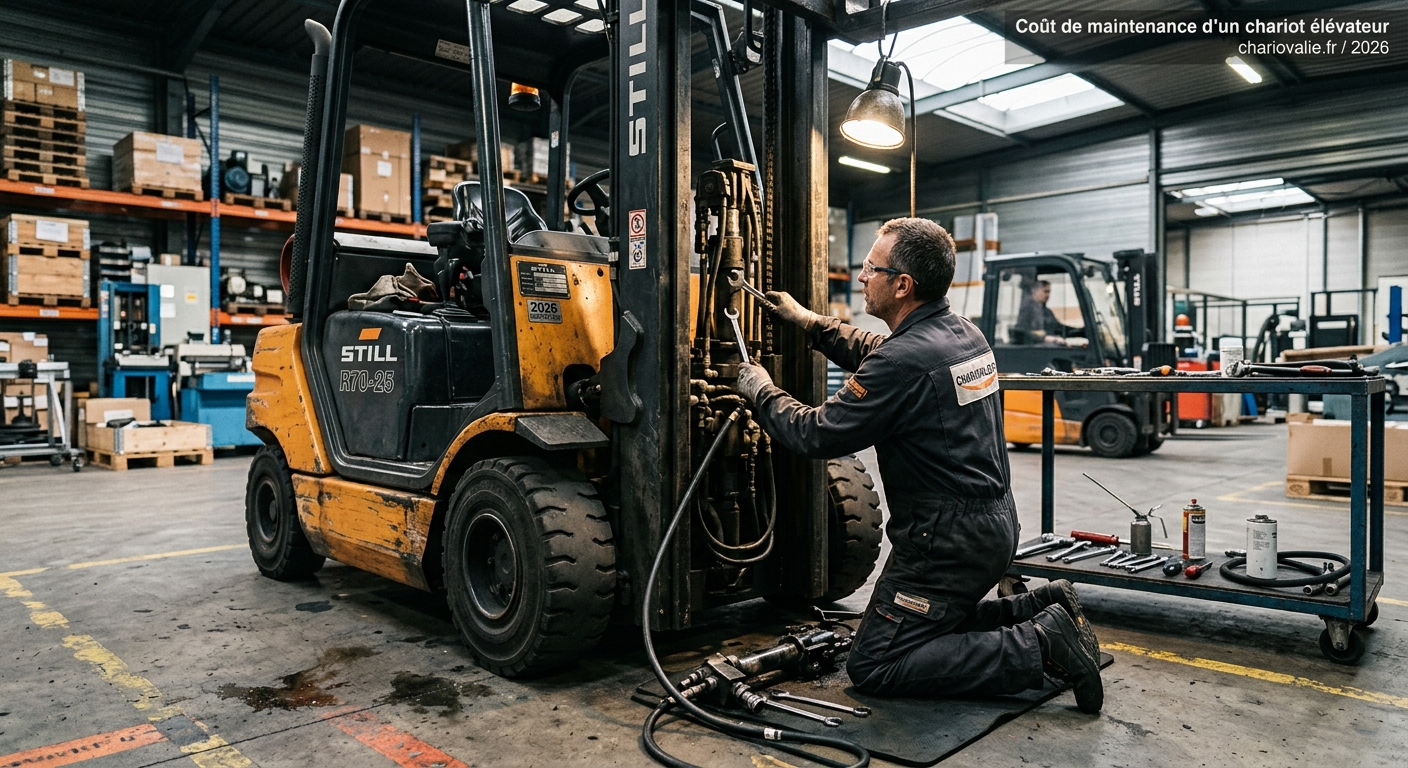 Technicien effectuant la maintenance préventive d'un chariot élévateur en entrepôt