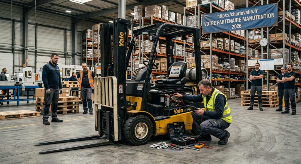 Chariot élévateur en panne à l'arrêt dans un entrepôt logistique