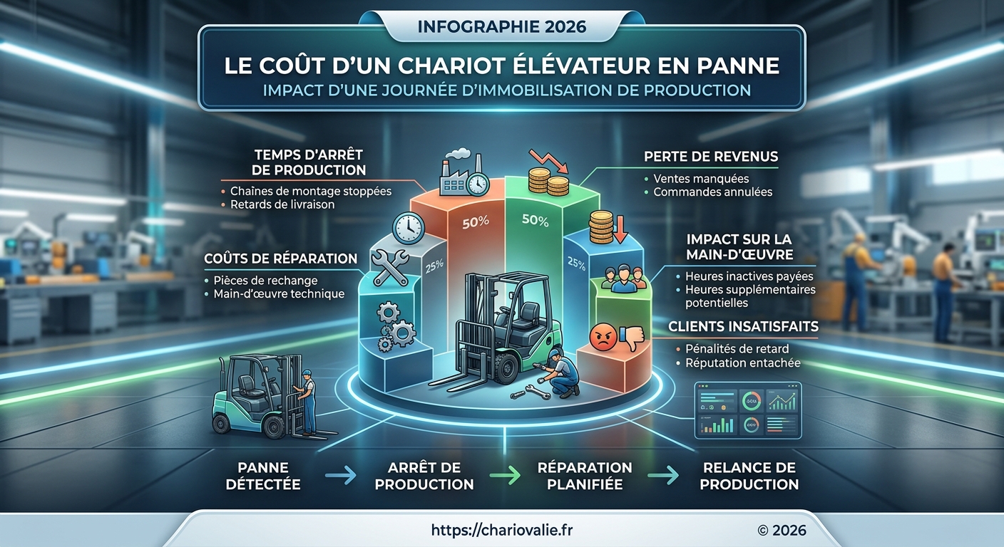 Schéma des 4 étapes de calcul du coût d'immobilisation chariot élévateur en panne