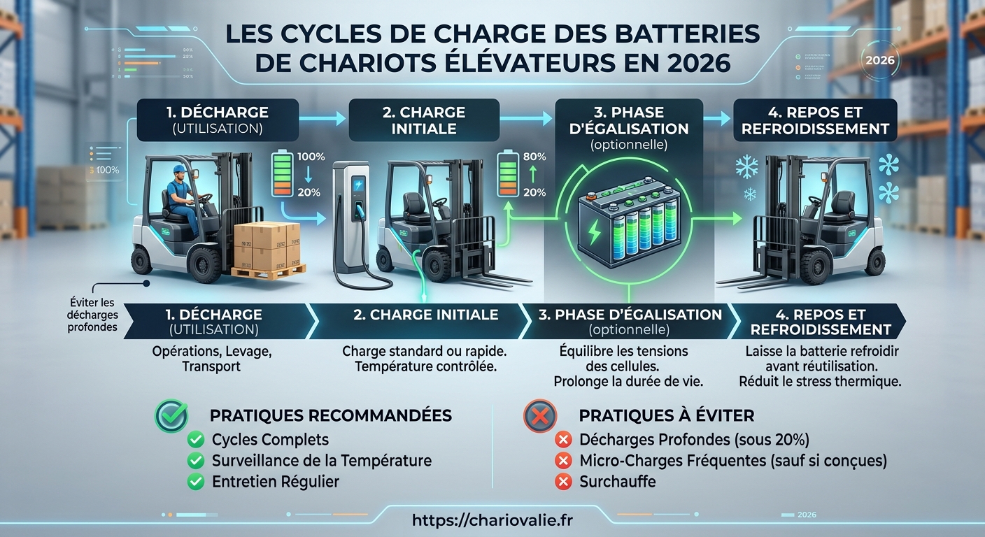 Cycles de charge batterie chariot : quelle durée de vie ? 3 Infographie du cycle de charge batterie chariot élévateur avec phases recharge et refroidissement