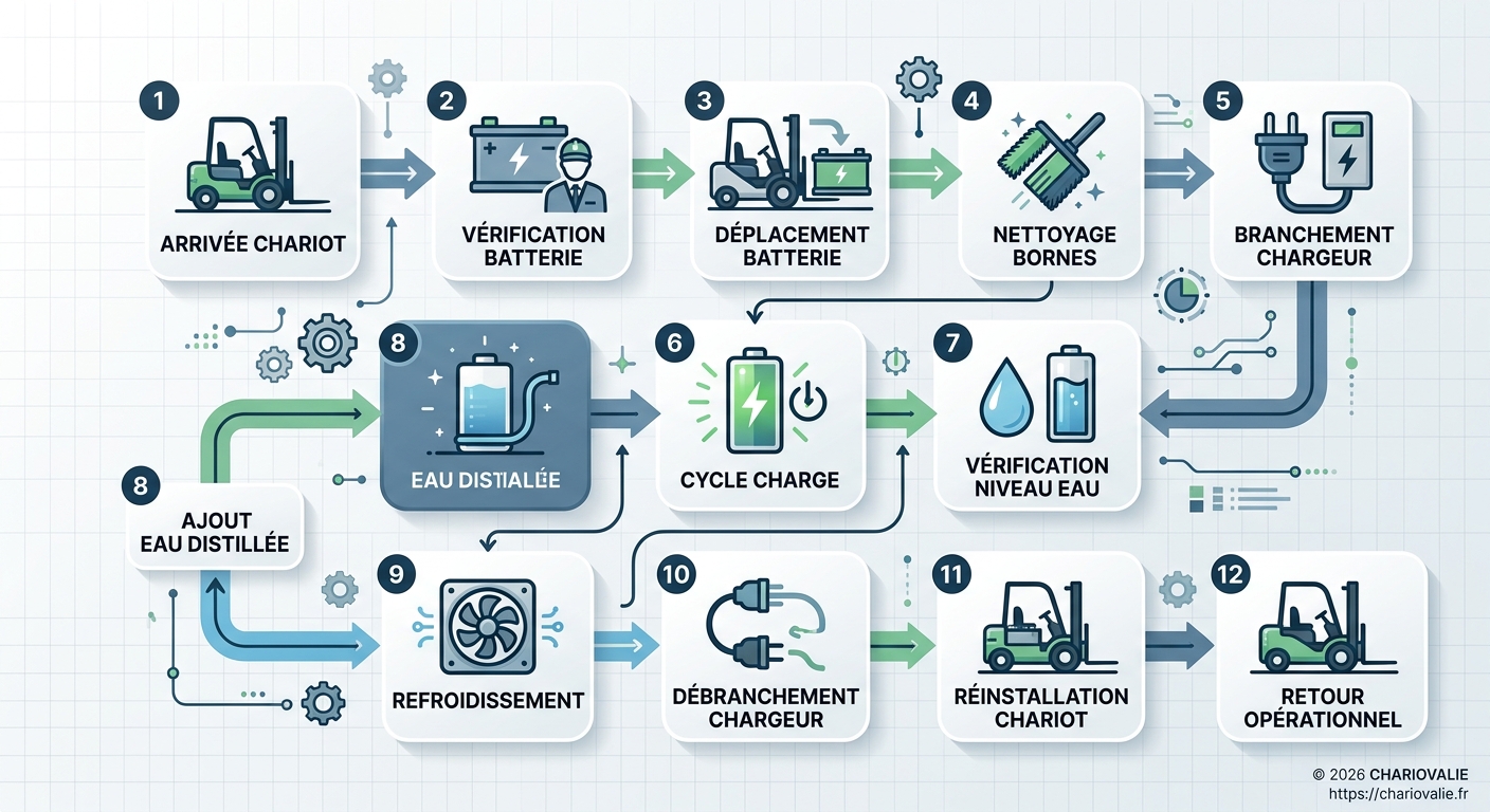 Cycles de charge batterie chariot : quelle durée de vie ? 6 Processus de gestion des cycles de charge batterie chariot pour prolonger la durée de vie