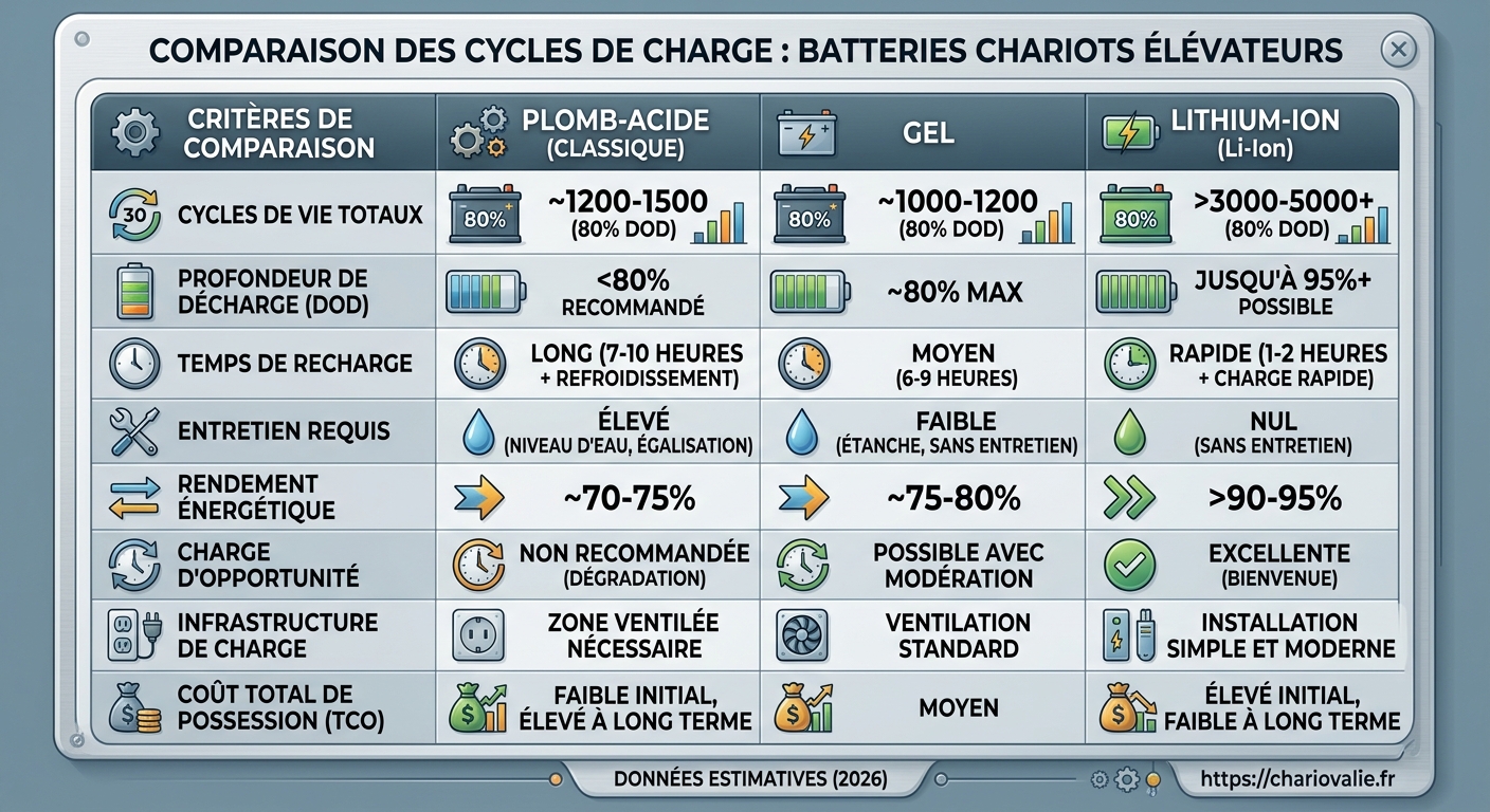 Cycles de charge batterie chariot : quelle durée de vie ? 5 Tableau des cycles de charge et durées de vie par technologie de batterie chariot