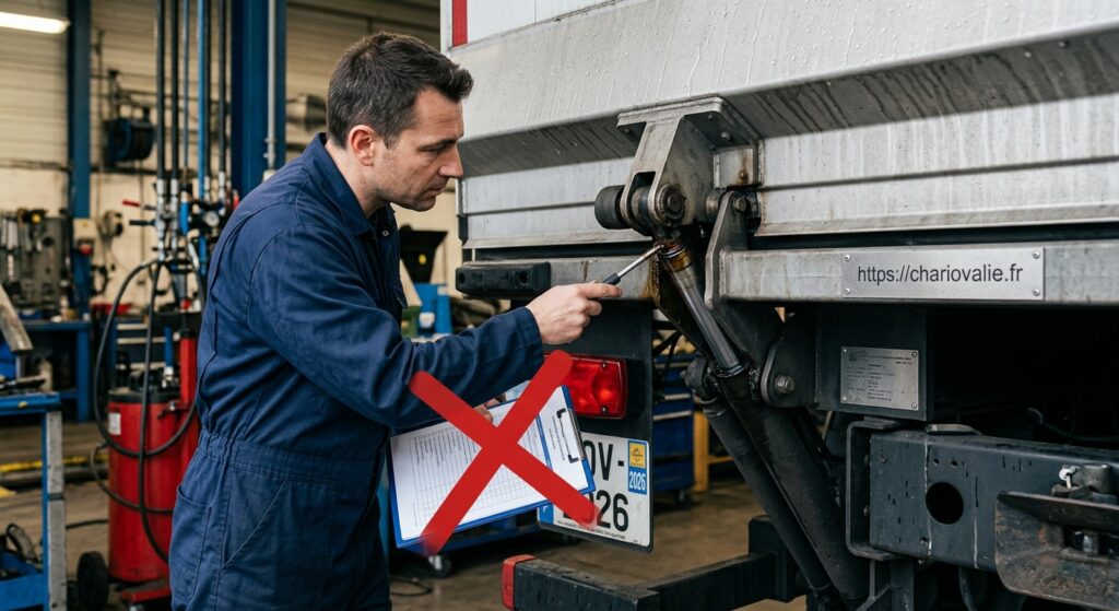Défauts majeurs VGP hayon élévateur : causes d'échec 1 Inspection technique d'un hayon élévateur présentant des signes d'usure critique