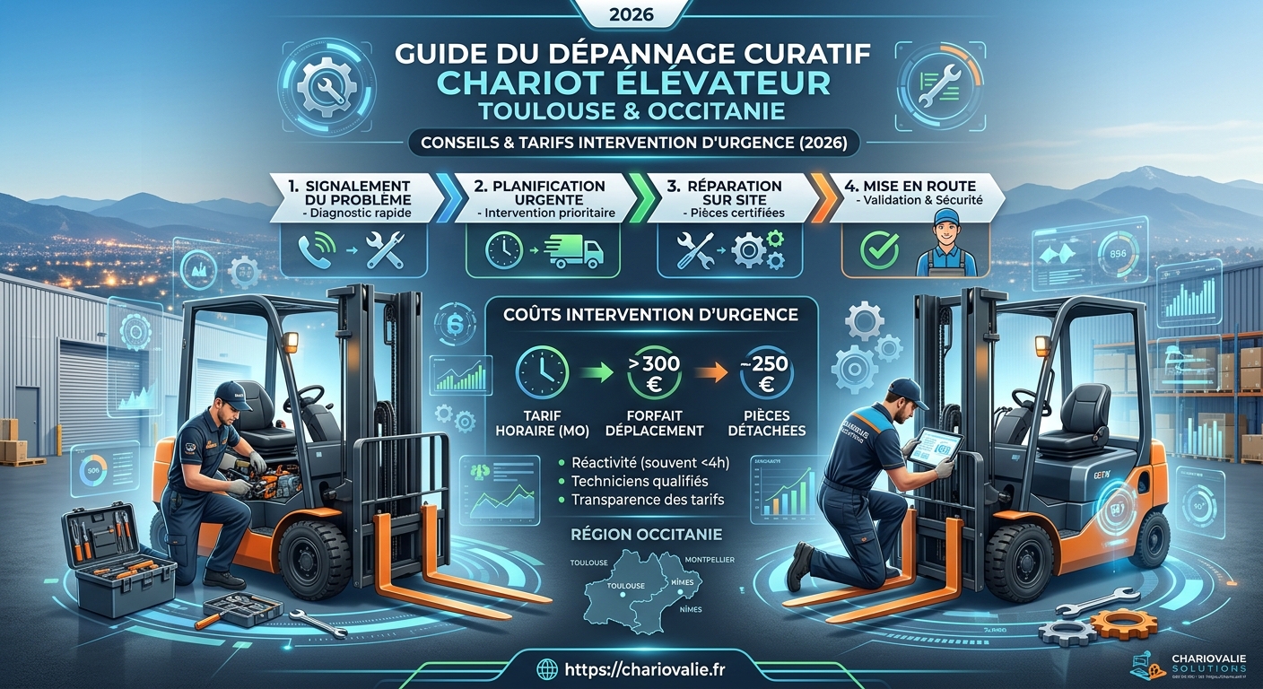 Schéma processus dépannage curatif chariot élévateur Toulouse avec tarification