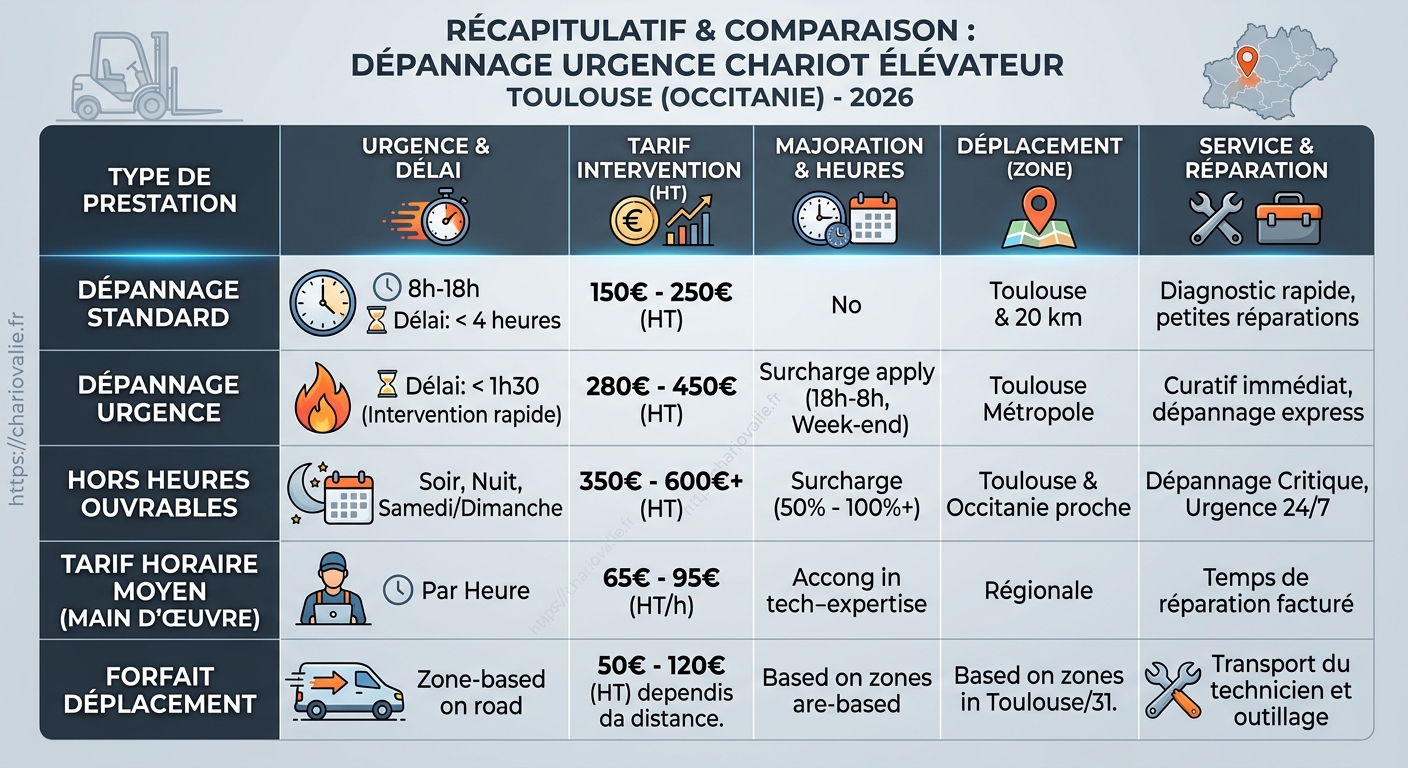 Tableau des tarifs d'intervention urgence dépannage curatif chariot élévateur Toulouse