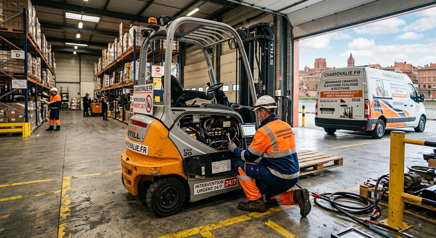 Technicien effectuant un dépannage curatif sur un chariot élévateur à Toulouse