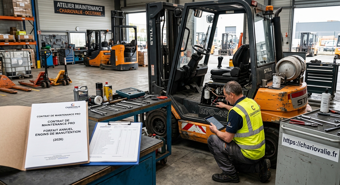 Technicien effectuant la maintenance d'un chariot élévateur en atelier en Occitanie
