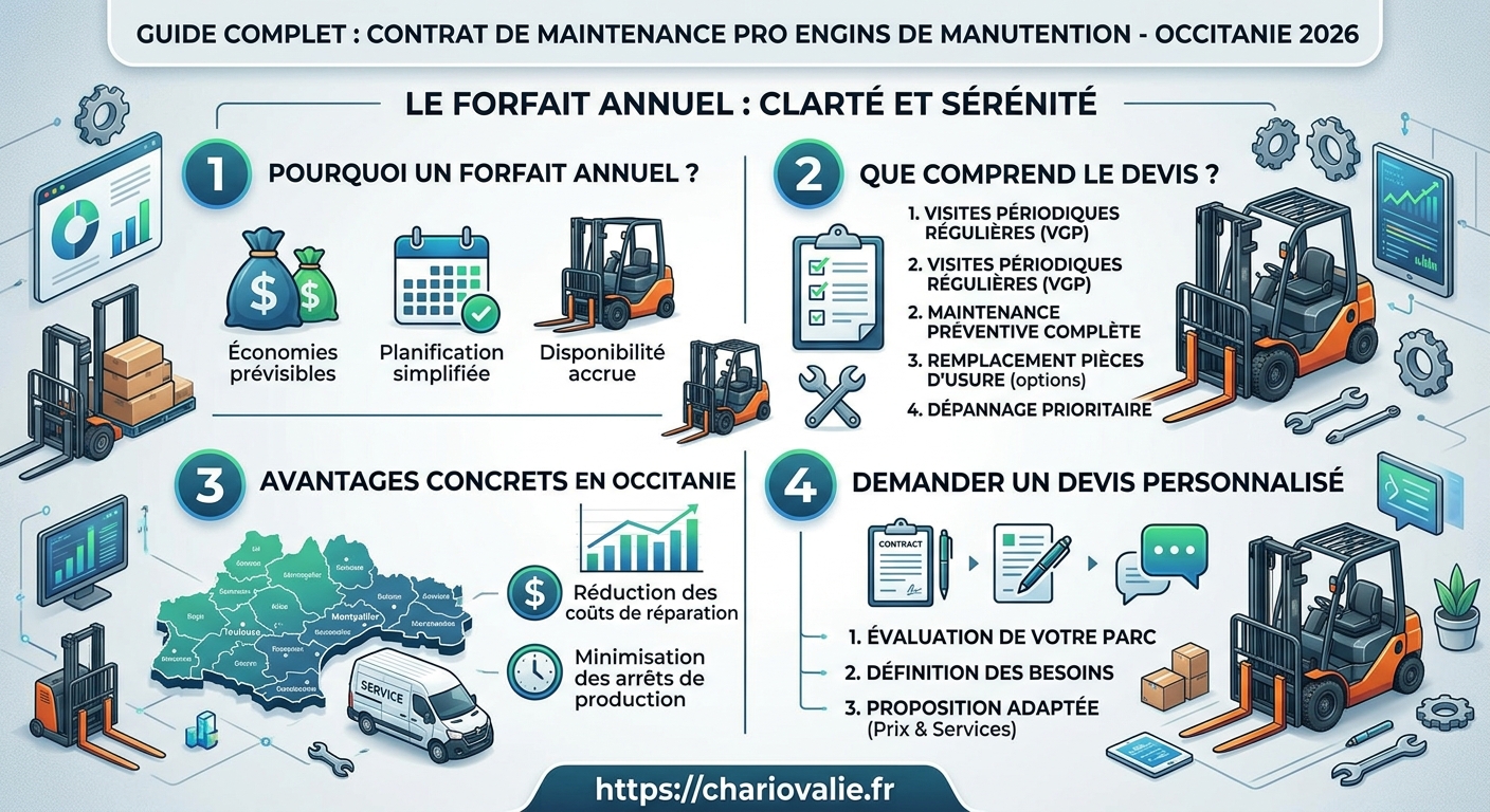 Processus en 5 étapes contrat de maintenance annuel engins manutention Occitanie