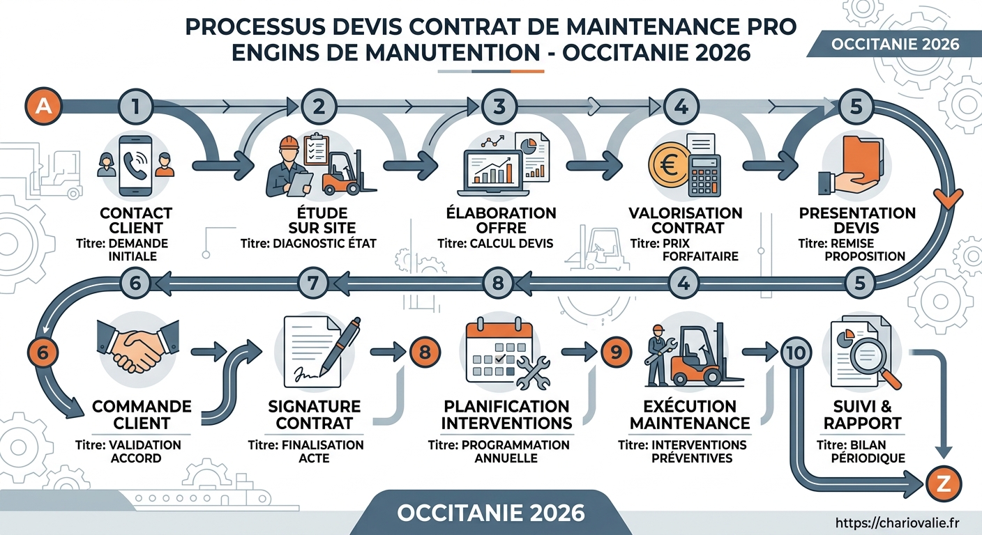 Étapes du forfait annuel de maintenance pour engins de manutention en Occitanie