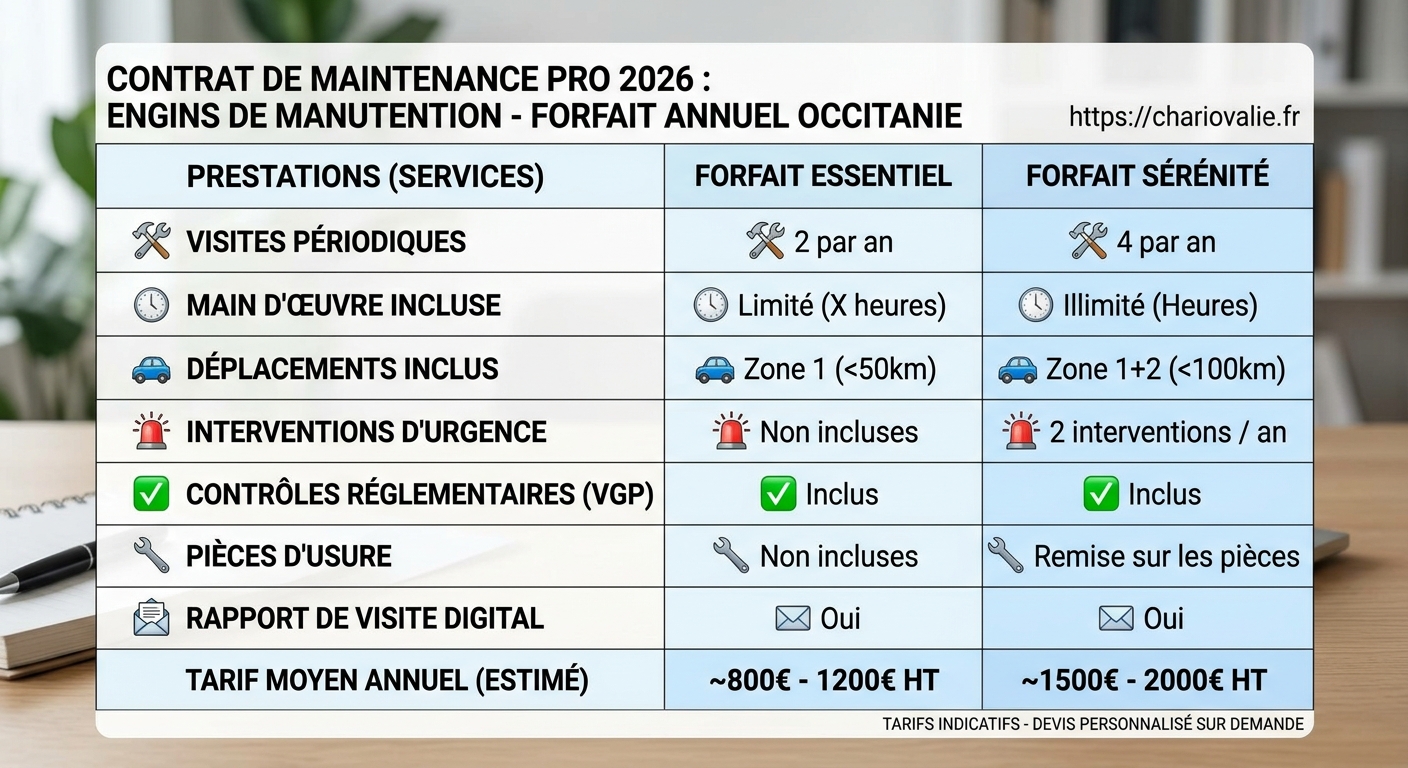 Comparatif forfaits annuels maintenance engins manutention Occitanie devis contrat pro