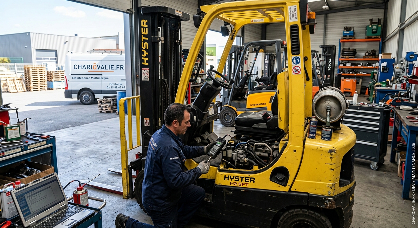 Technicien effectuant la maintenance d'un chariot élévateur en atelier en Occitanie