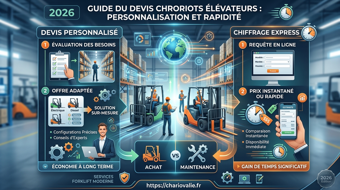Infographie du processus de demande de devis express pour chariot élévateur