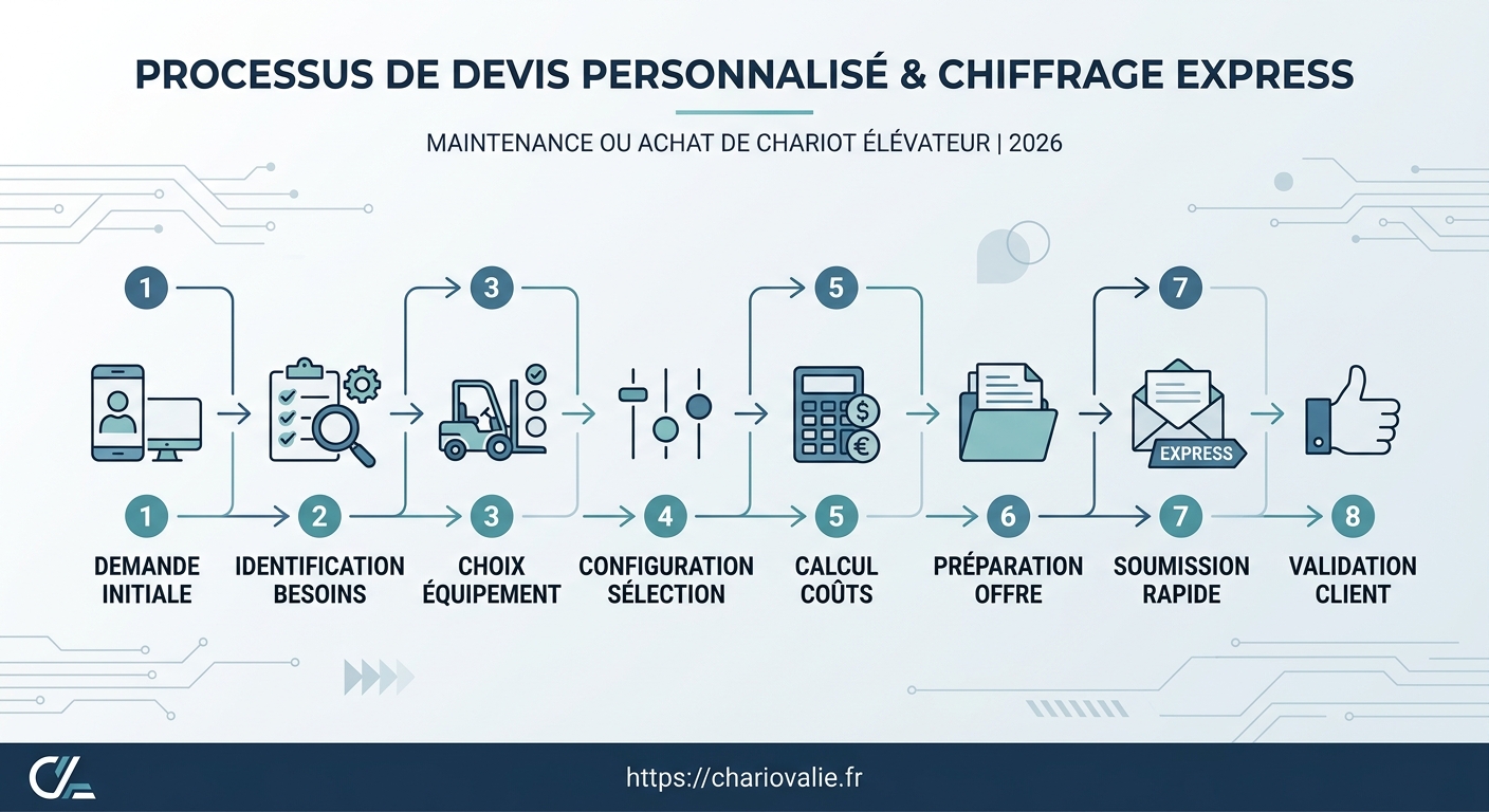 Schéma du processus de devis personnalisé et chiffrage express chariot élévateur