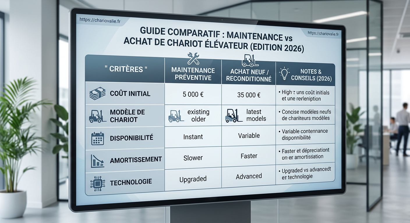 Tableau comparatif 2026 prix et maintenance chariot élévateur électrique et thermique