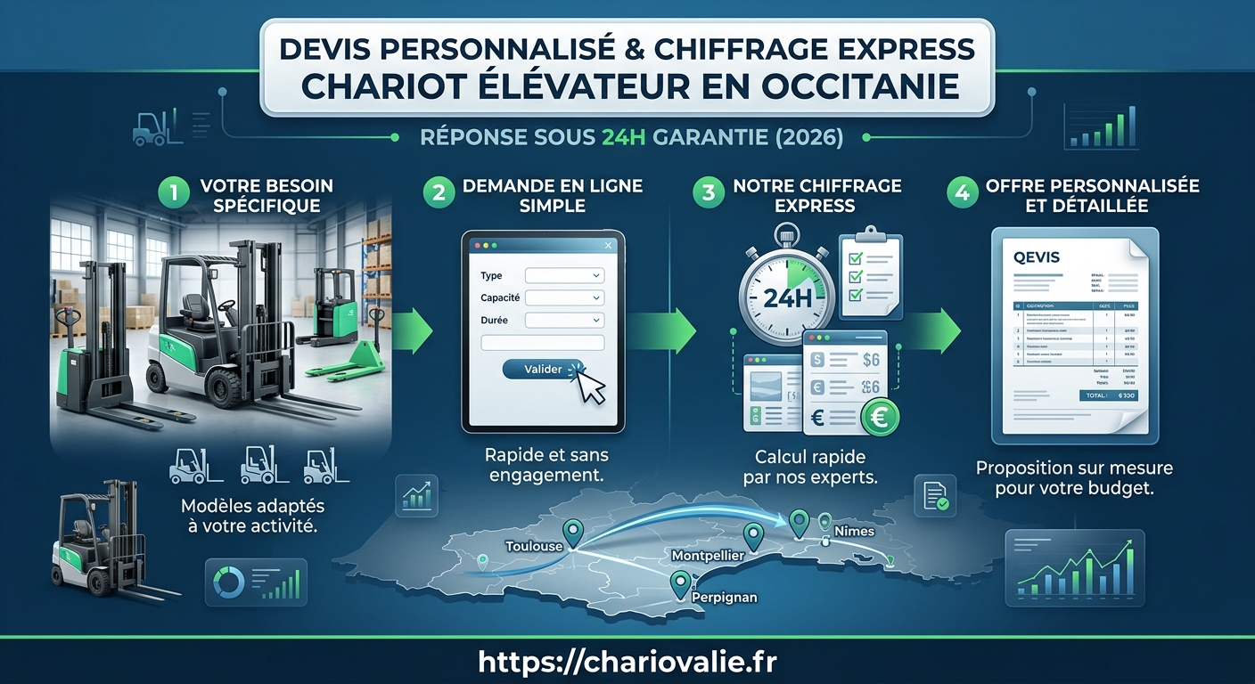 Infographie du processus de devis personnalisé chariot élévateur Occitanie sous 24h