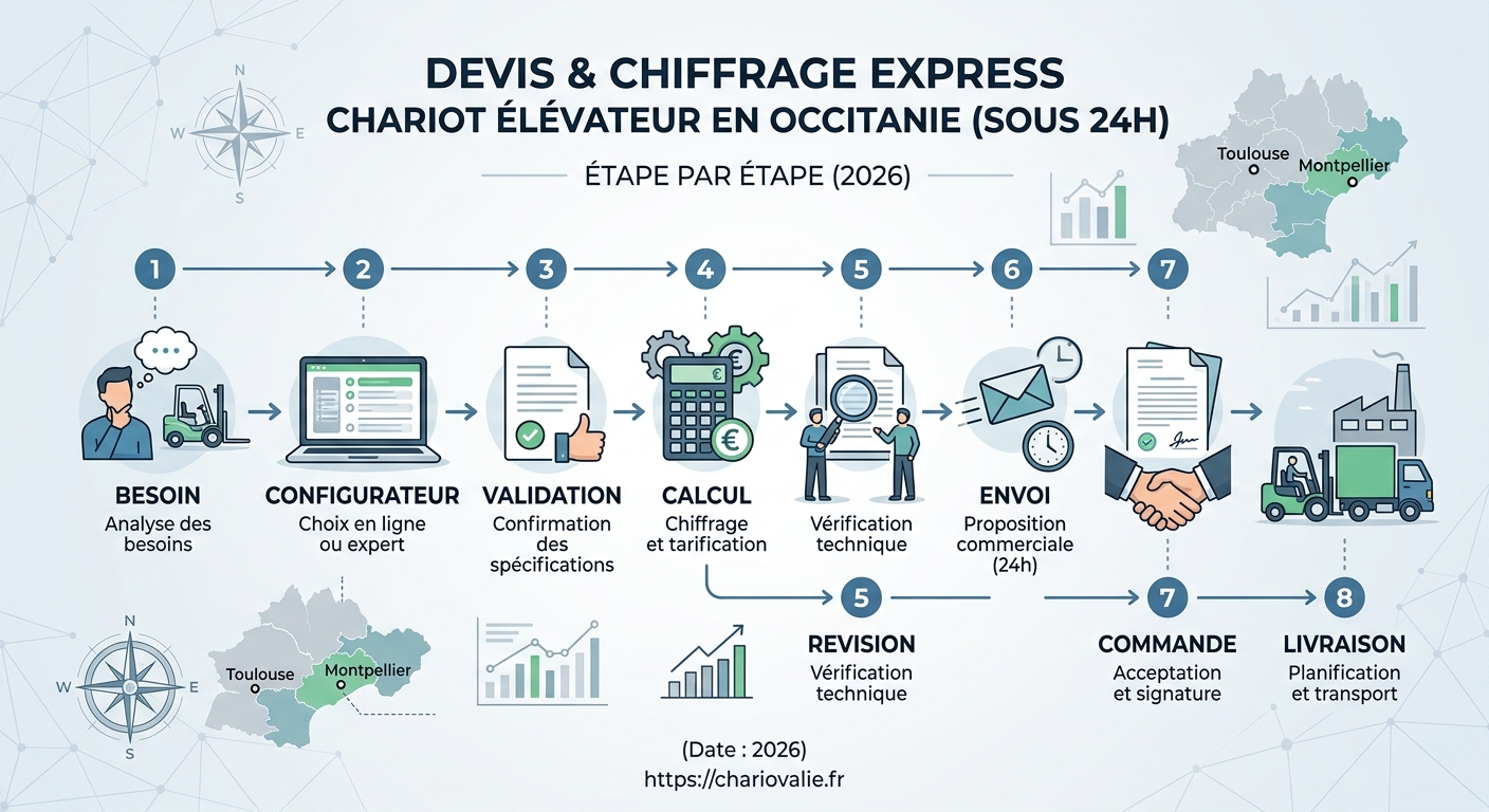 Schéma processus devis personnalisé chariot élévateur Occitanie sous 24h