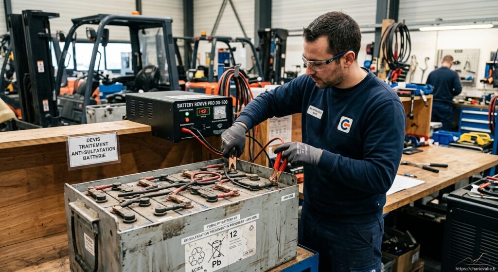 Technicien effectuant un diagnostic et un traitement anti-sulfatation sur une batterie au plomb