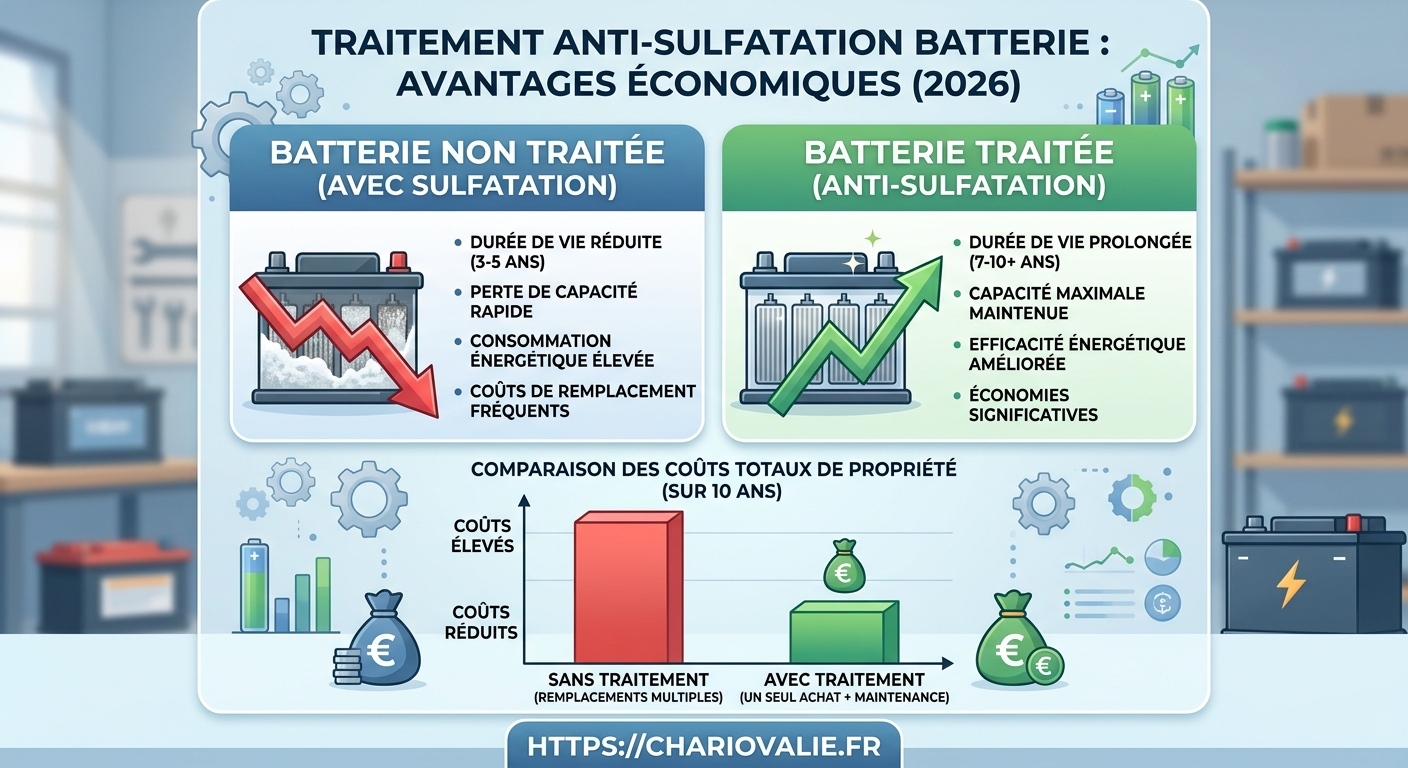 Graphique de rentabilité traitement anti-sulfatation batterie vs achat neuf