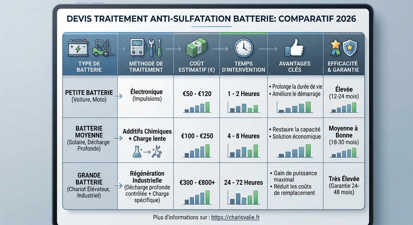Tableau comparatif des méthodes de traitement anti-sulfatation batterie et prix