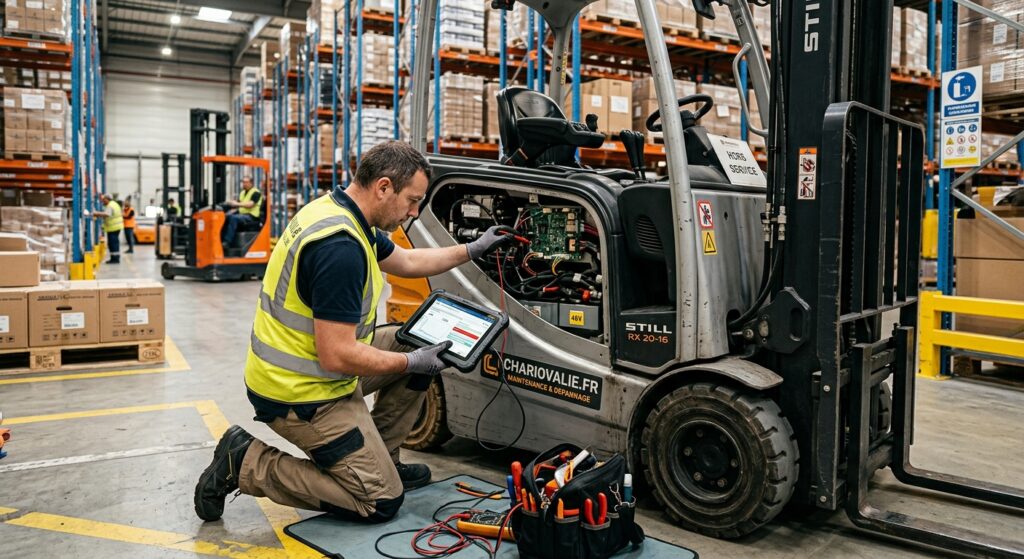 Technicien effectuant un diagnostic technique sur un chariot élévateur dans un entrepôt logistique