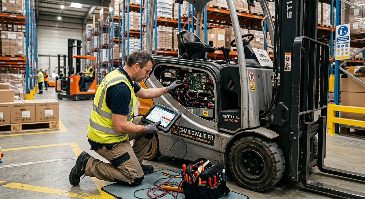 Diagnostic technique panne chariot élévateur en entrepôt logistique par un technicien