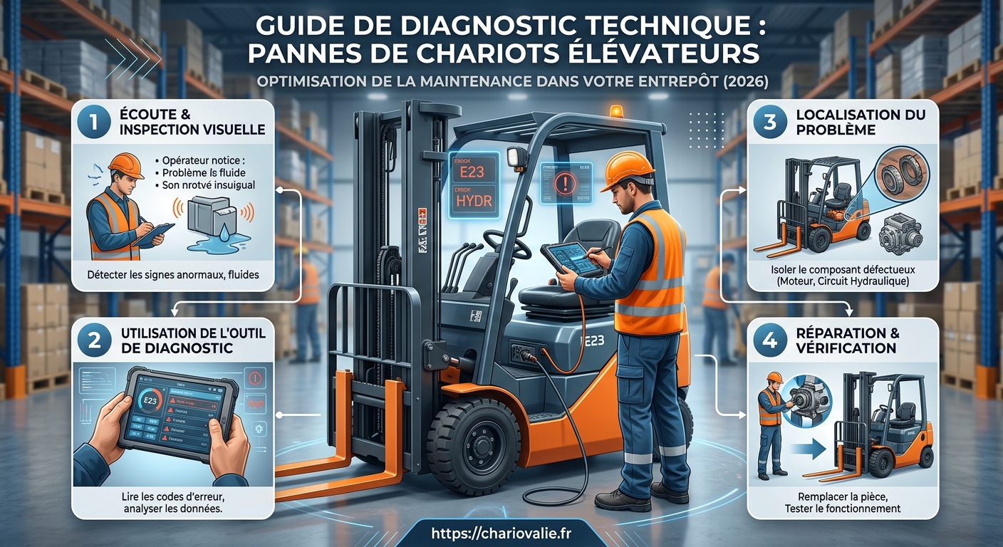 Schéma décisionnel diagnostic technique chariot élévateur entrepôt logistique