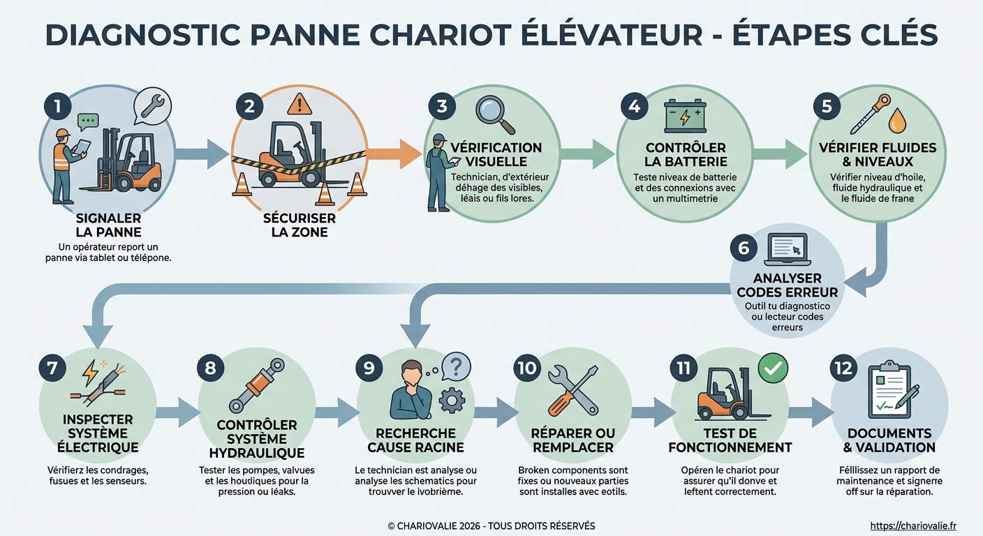 Schéma processus logique de panne chariot élévateur diagnostic technique