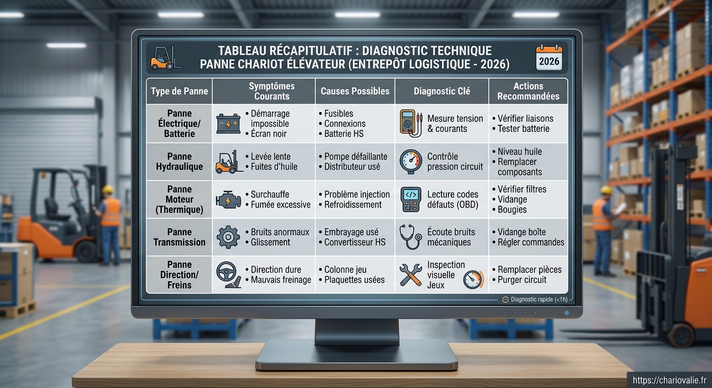 Tableau symptôme cause solution diagnostic panne chariot élévateur logistique