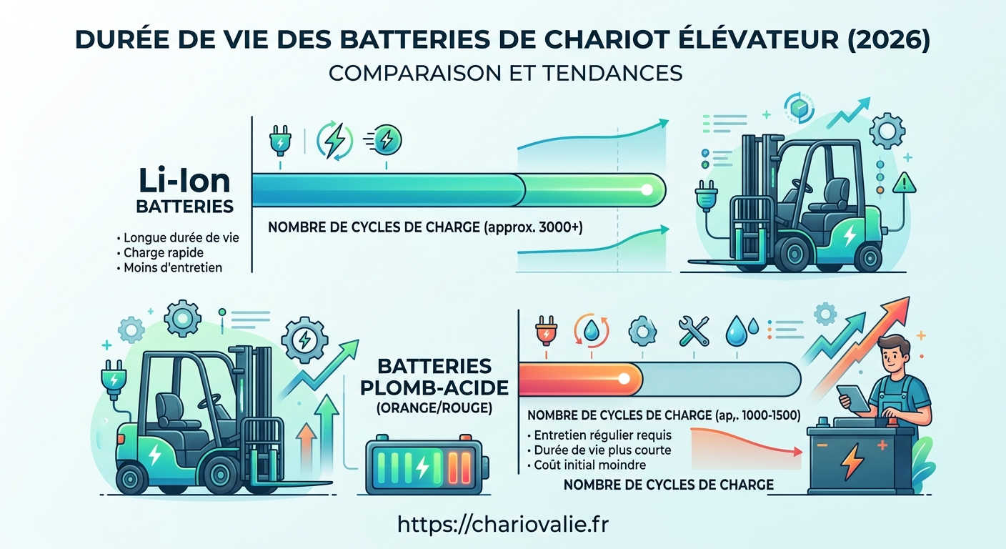 Durée de vie d'une batterie de chariot élévateur (Guide) 3 Graphique comparatif durée de vie d'une batterie de chariot élévateur plomb versus lithium