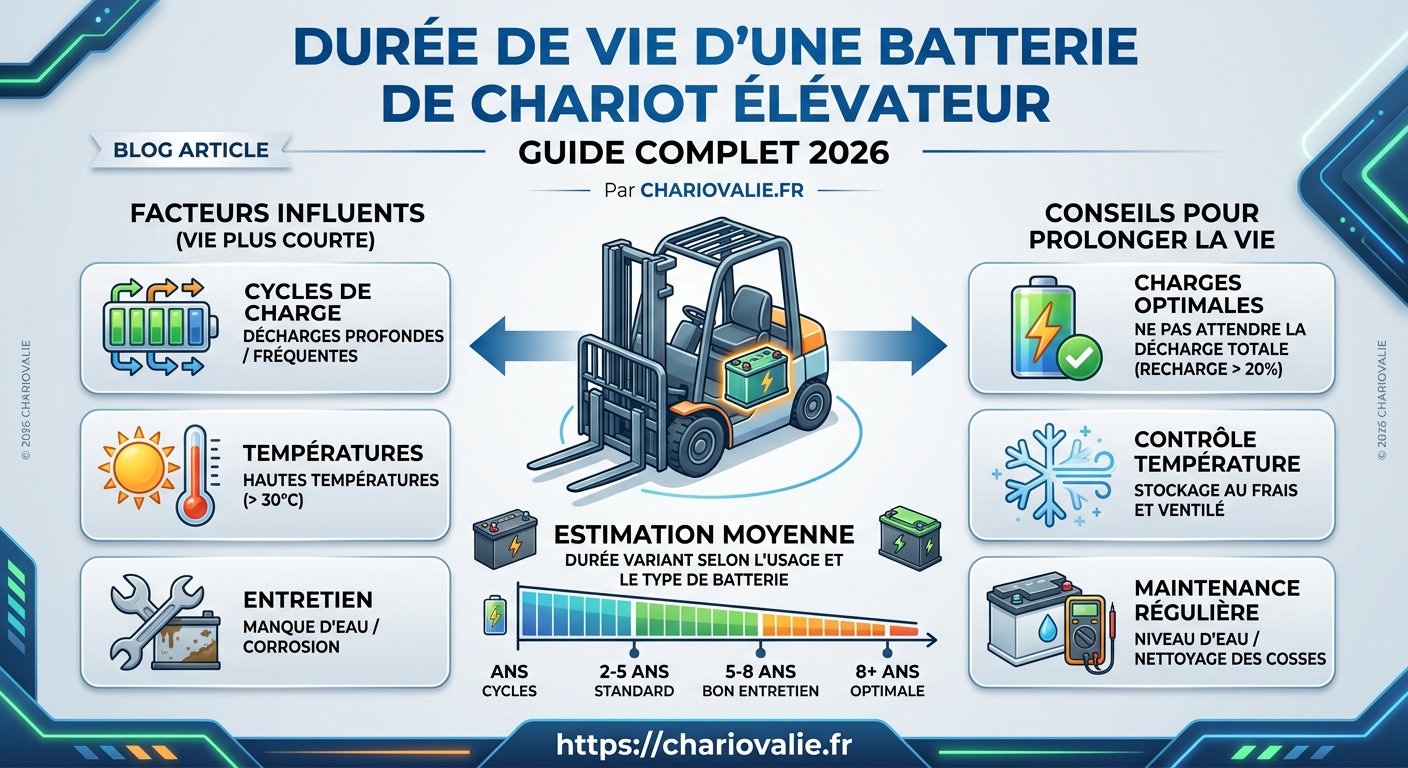 Durée de vie d'une batterie de chariot élévateur (Guide) 5 Infographie des facteurs pour optimiser la durée de vie d'une batterie de chariot élévateur