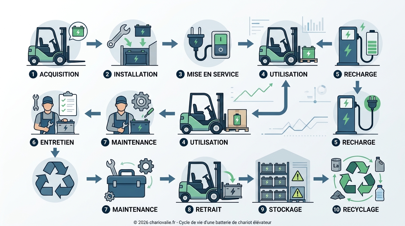 Durée de vie d'une batterie de chariot élévateur (Guide) 4 Schéma de processus de charge et décharge pour durée de vie batterie chariot élévateur